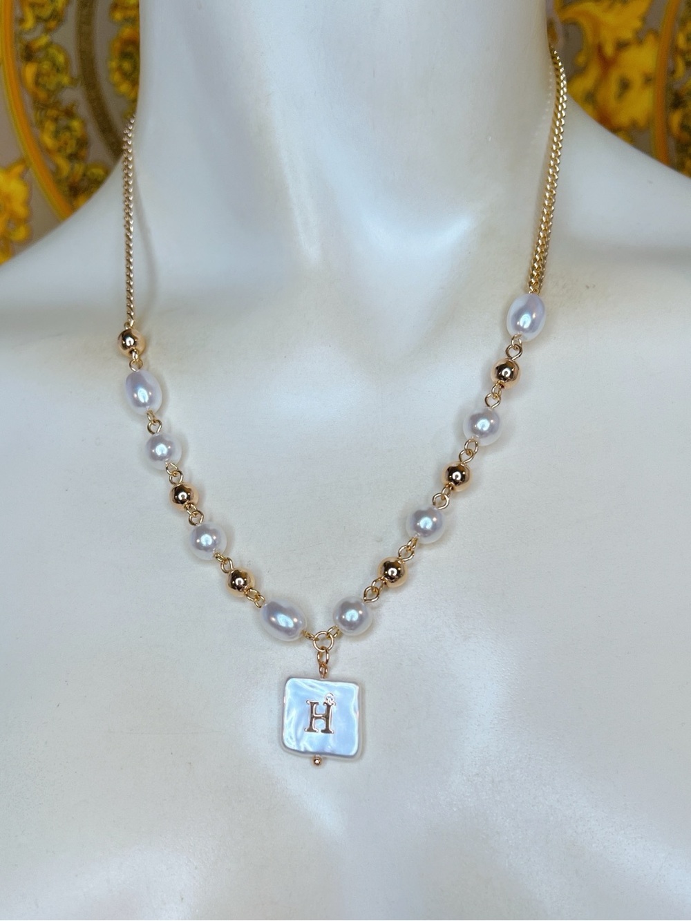 Pearl 18k gold plated H letter square oval 16” to 19” station initial necklace